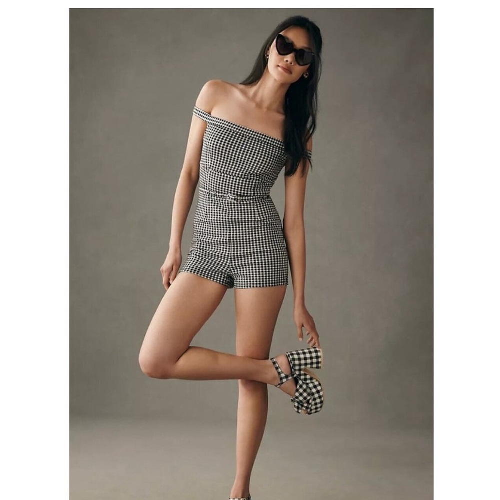 Maeve by Anthropologie gingham belted romper